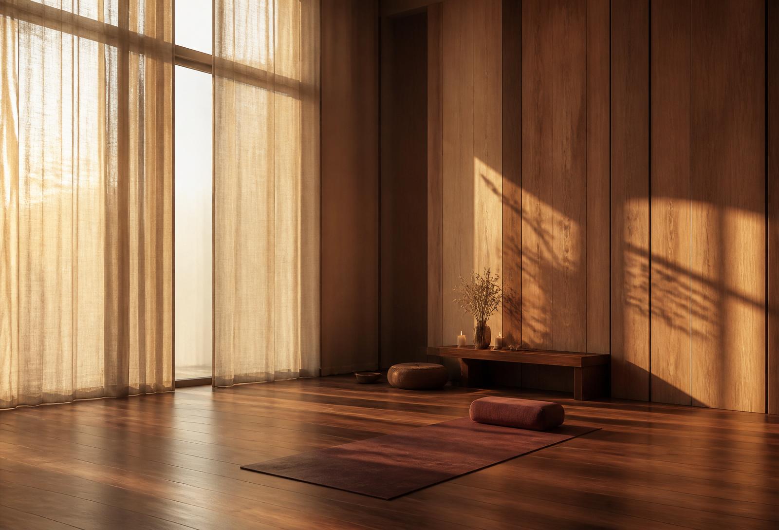 Sala principal do Vila Vidya Yoga com luz âmbar entrando por cortinas de linho