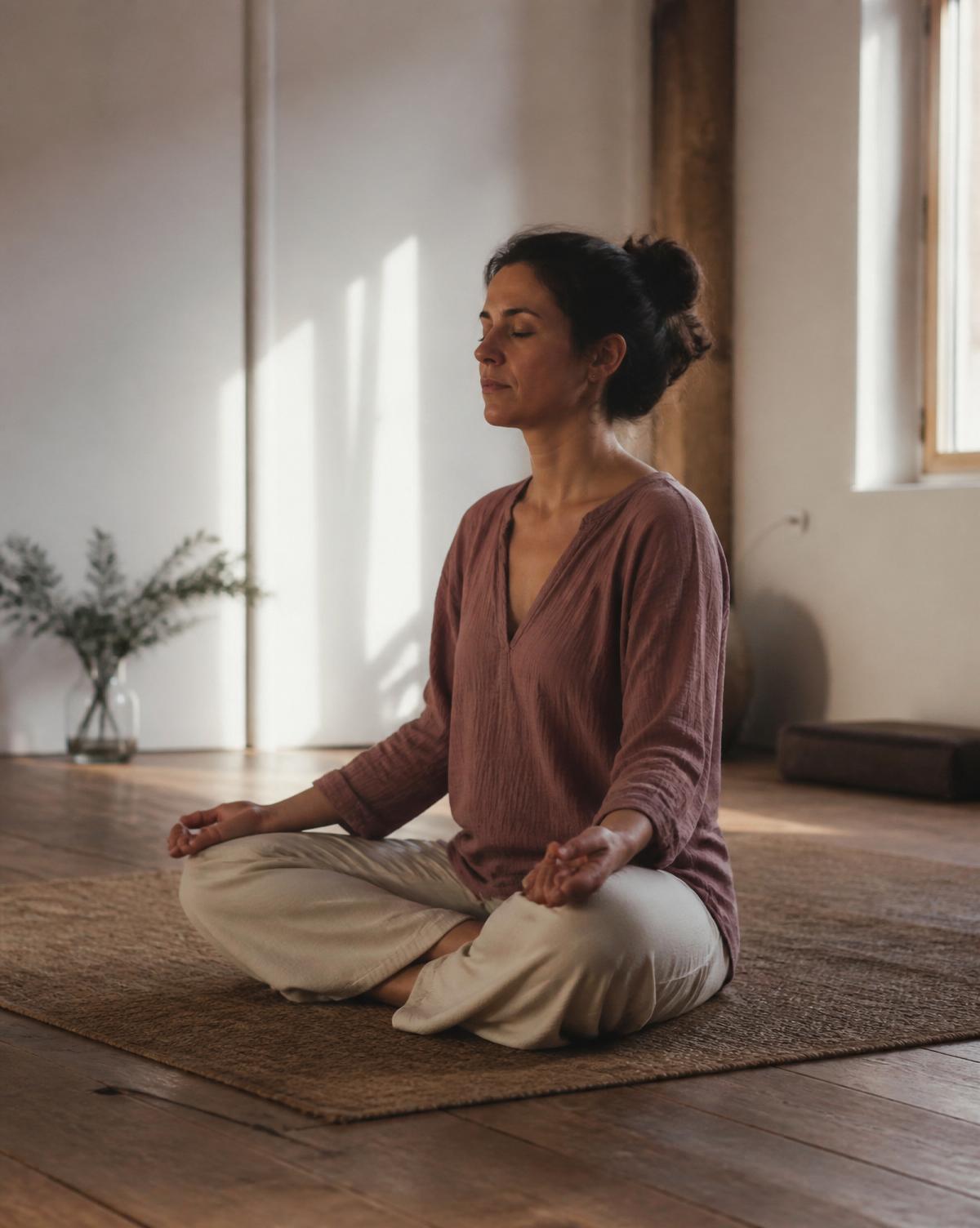 Prática de meditação em posição sentada em uma sala com luz suave